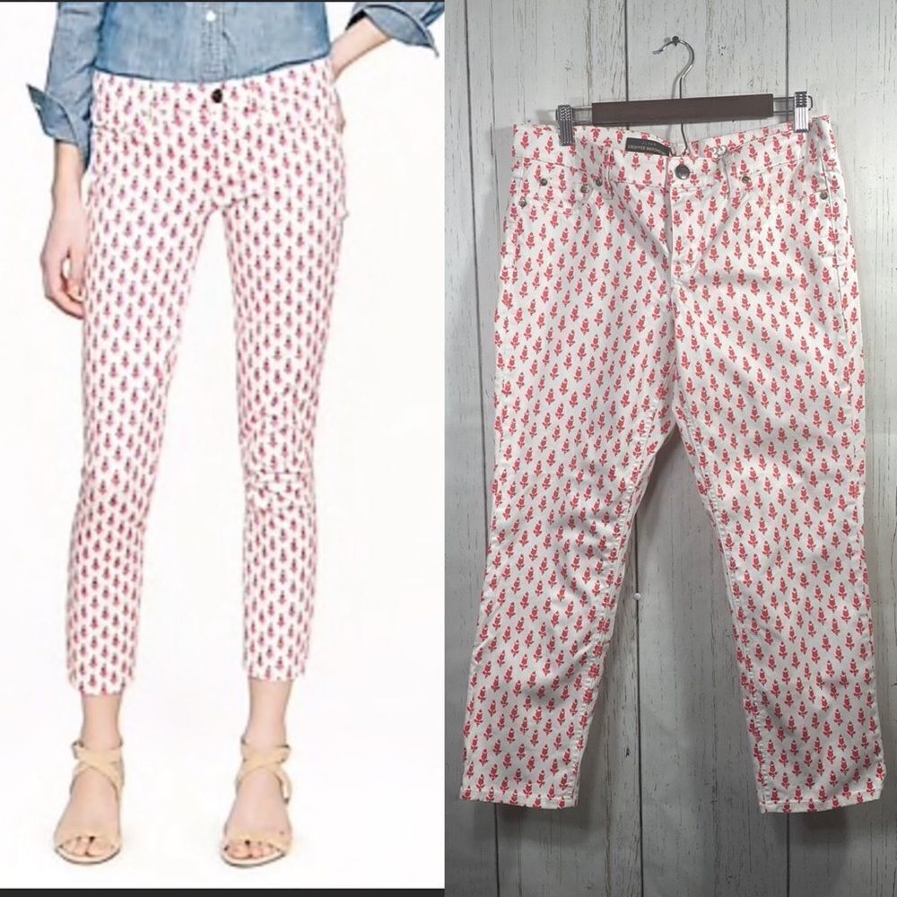 J.Crew Pink & White Printed Slim Fit Ankle Cropped Pants Casual